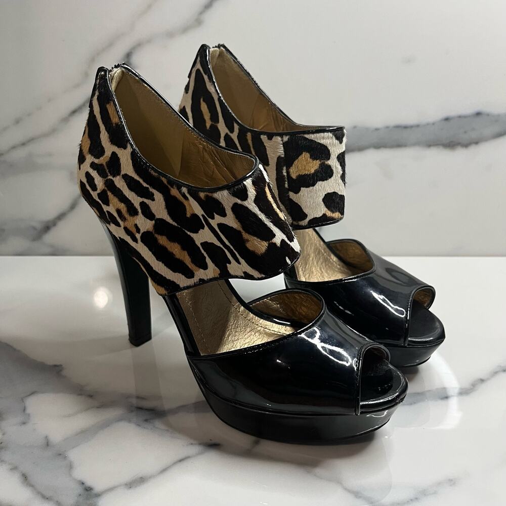 BCBGeneration Women's Leopard Calf Hair Strappy Peep Toe Harmony Heels Sz 7.5